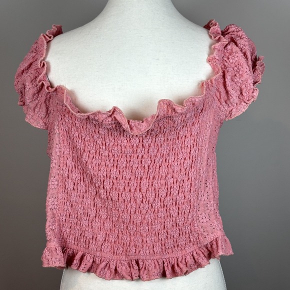 POL Womens Pink‎ Smocked Puff Sleeve Cropped Ruffle Button Top Med Cottagecore - Picture 4 of 10